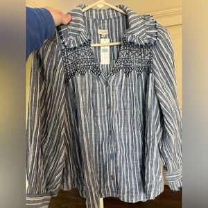 Anthropologie Pilcro Blue Striped Blouse with Crochet Detail